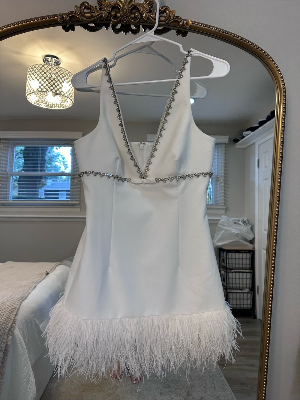 Likely White V-Neck Feather Hem Slip Dress with Crystal Trim